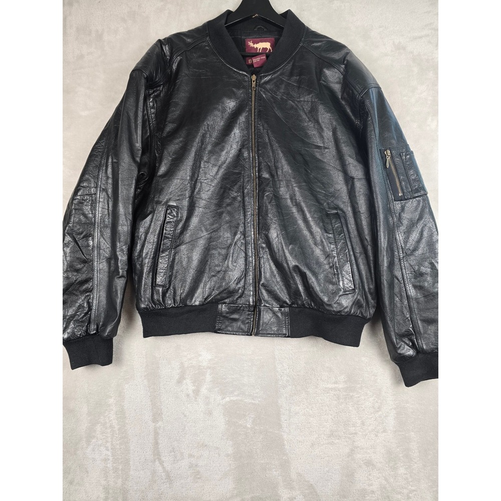 True Breed Bomber Jacket Mens Large Black Leather Quilted Lining MA-1 Style